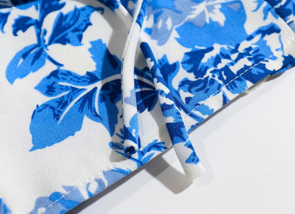 Floral Blue Puff Sleeve Crop Top | Square Neck | Blouse & Slim Fit | noémi