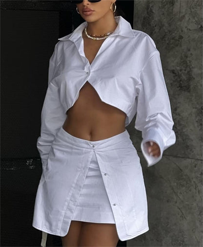 White Shirt & Mini Skirt Co ord | Button Up Crop Top & High Waist Skirt Set | noémi
