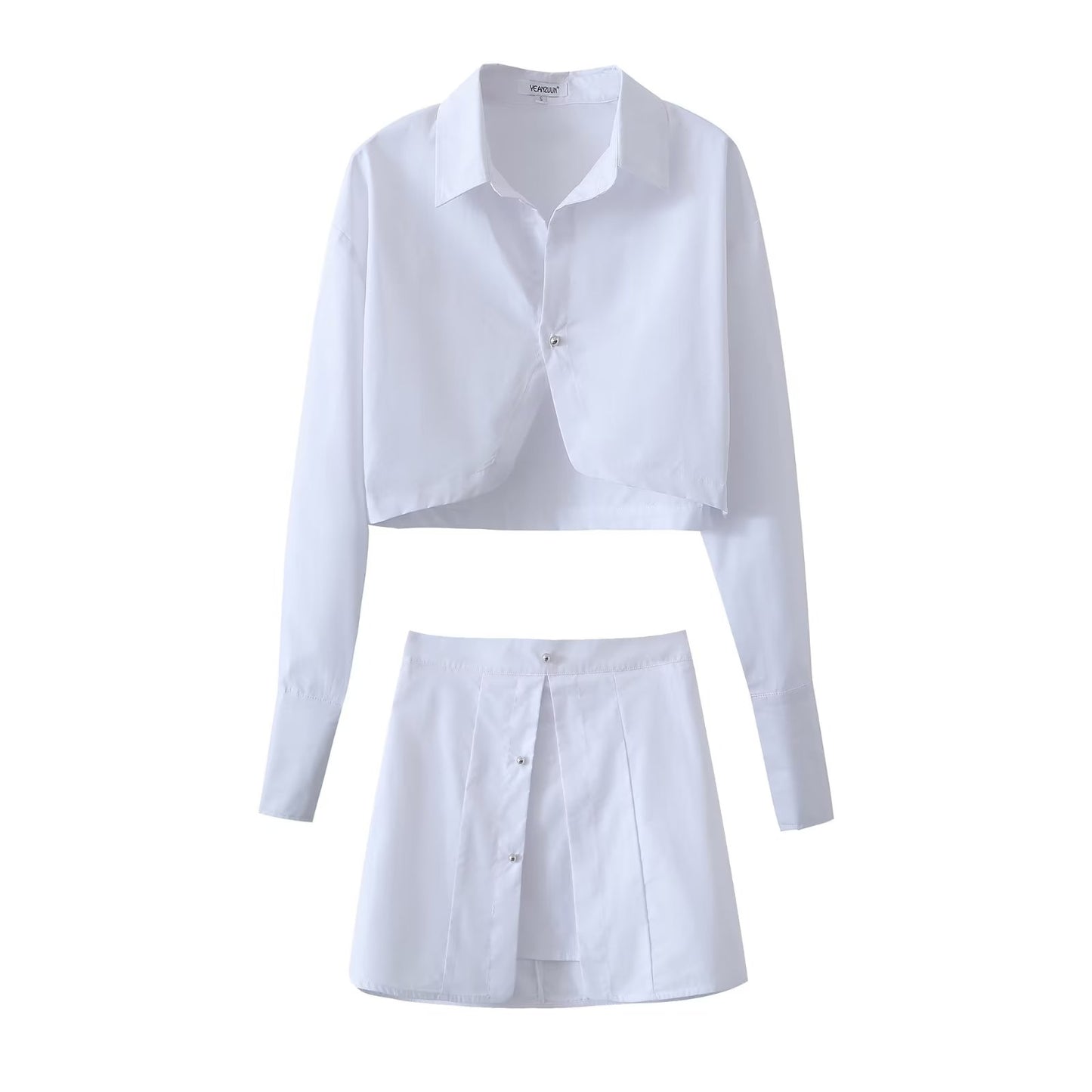 White Shirt & Mini Skirt Co ord | Button Up Crop Top & High Waist Skirt Set | noémi