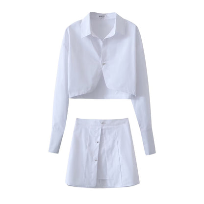 White Shirt & Mini Skirt Co ord | Button Up Crop Top & High Waist Skirt Set | noémi