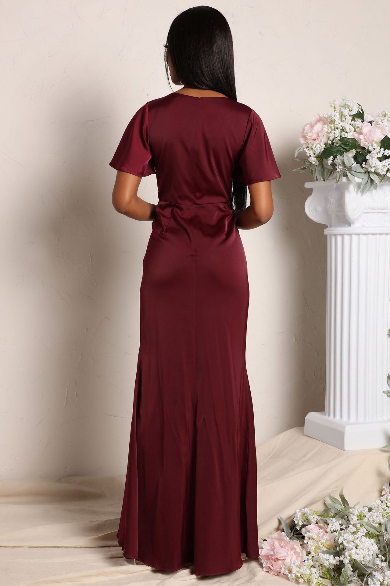 V Neck Bodycon Dress with Ruffled Asymmetrical Hem and Cinched Waist | noémi