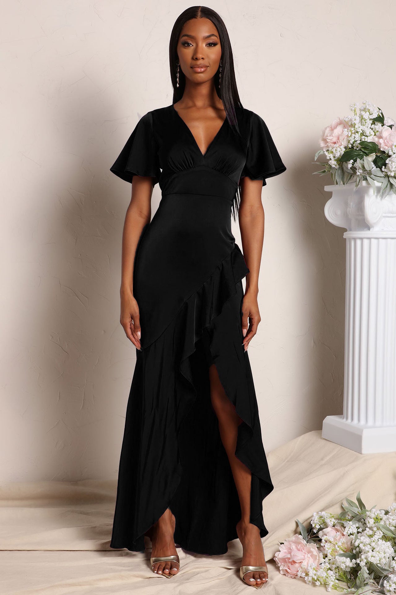 V Neck Bodycon Dress with Ruffled Asymmetrical Hem and Cinched Waist | noémi