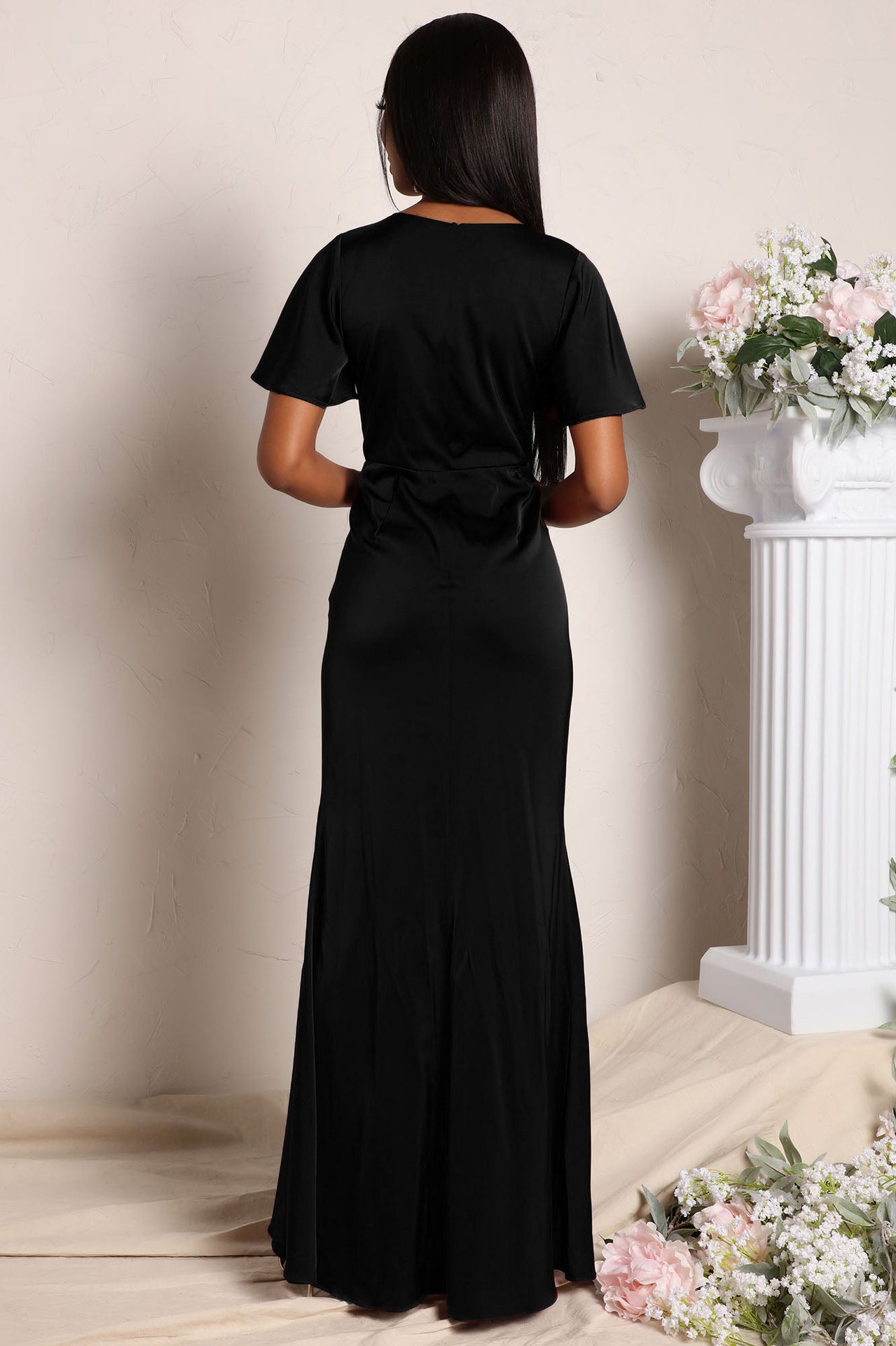 V Neck Bodycon Dress with Ruffled Asymmetrical Hem and Cinched Waist | noémi