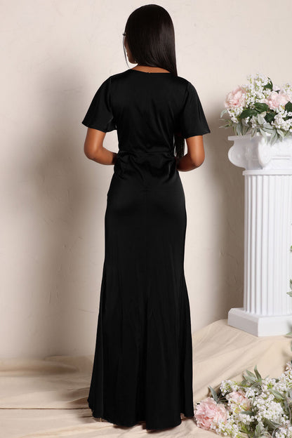 V Neck Bodycon Dress with Ruffled Asymmetrical Hem and Cinched Waist | noémi