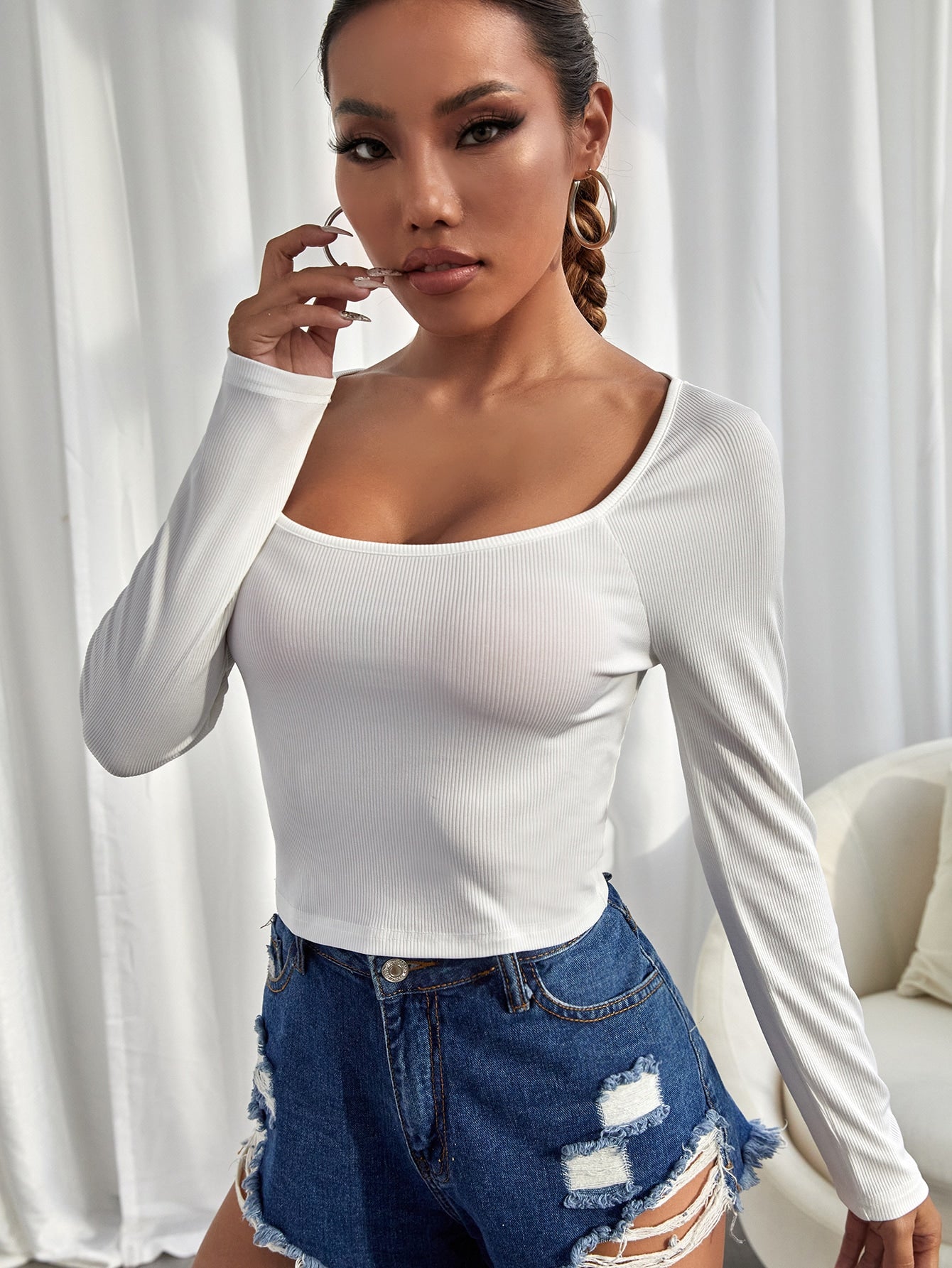 Long Sleeve Square Neck Slim Fit Knit Pullover Top | noémi