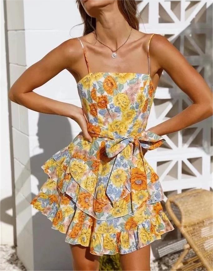 Square Collar Printed Dress with Belt Laminated Detail | noémi