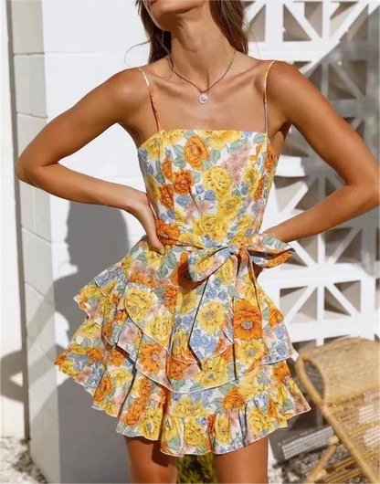 Square Collar Printed Dress with Belt Laminated Detail | noémi