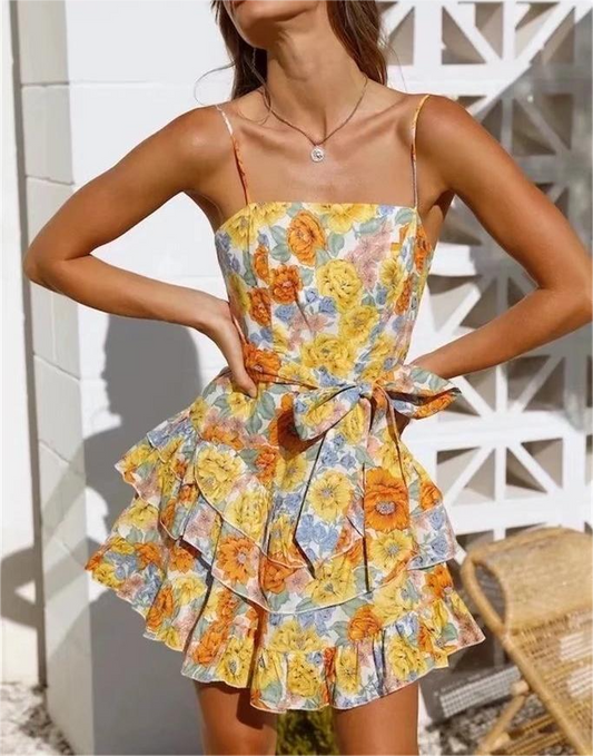 Square Collar Printed Dress with Belt Laminated Detail | noémi