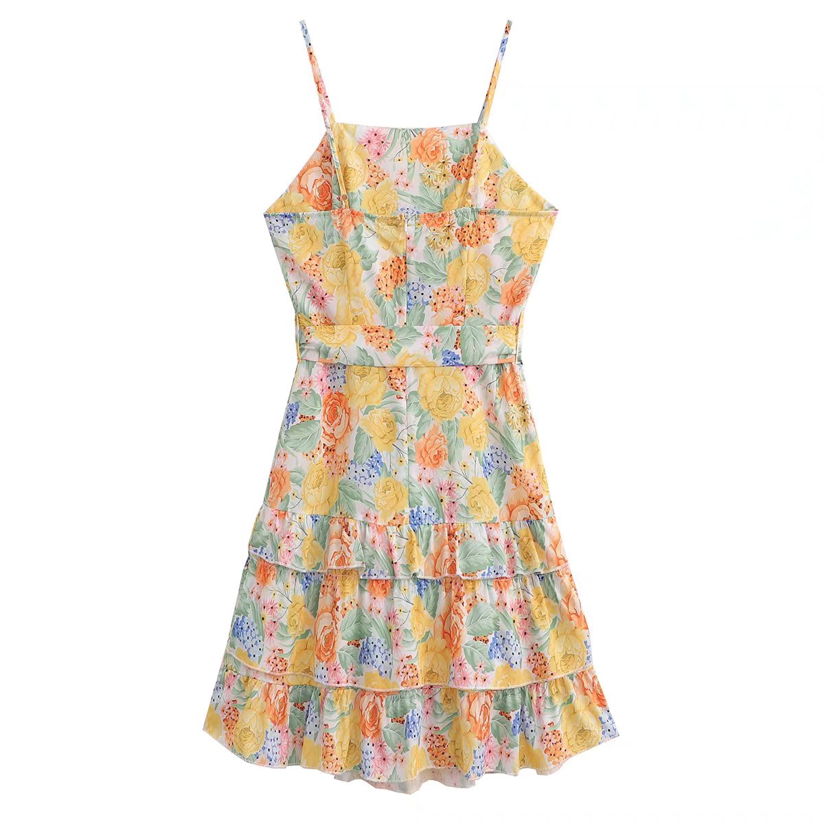 Square Collar Printed Dress with Belt Laminated Detail | noémi