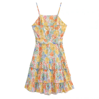 Square Collar Printed Dress with Belt Laminated Detail | noémi