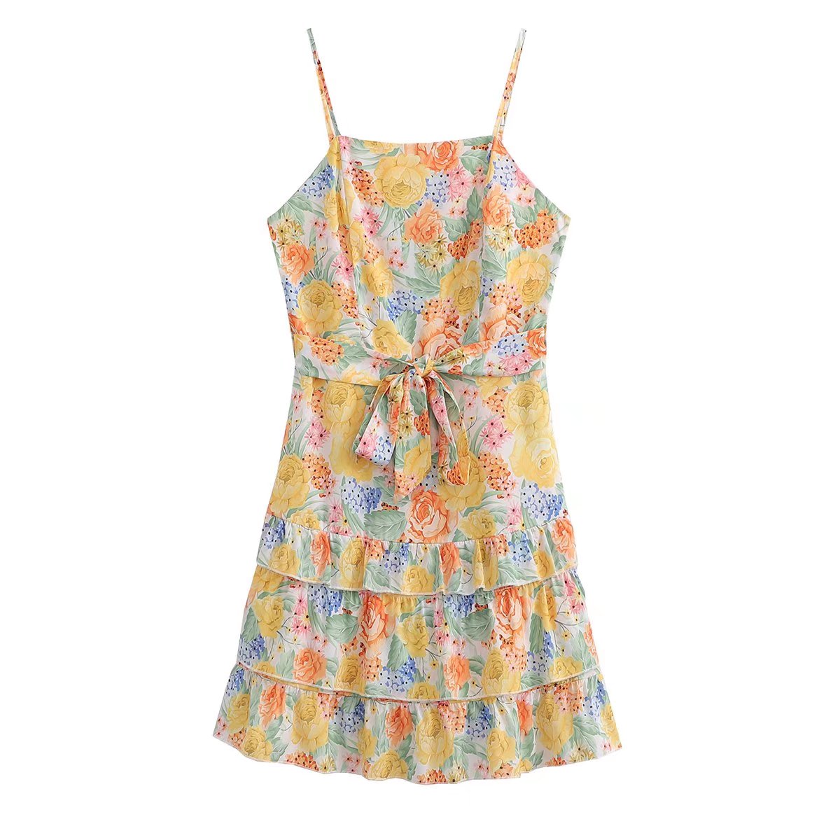 Square Collar Printed Dress with Belt Laminated Detail | noémi