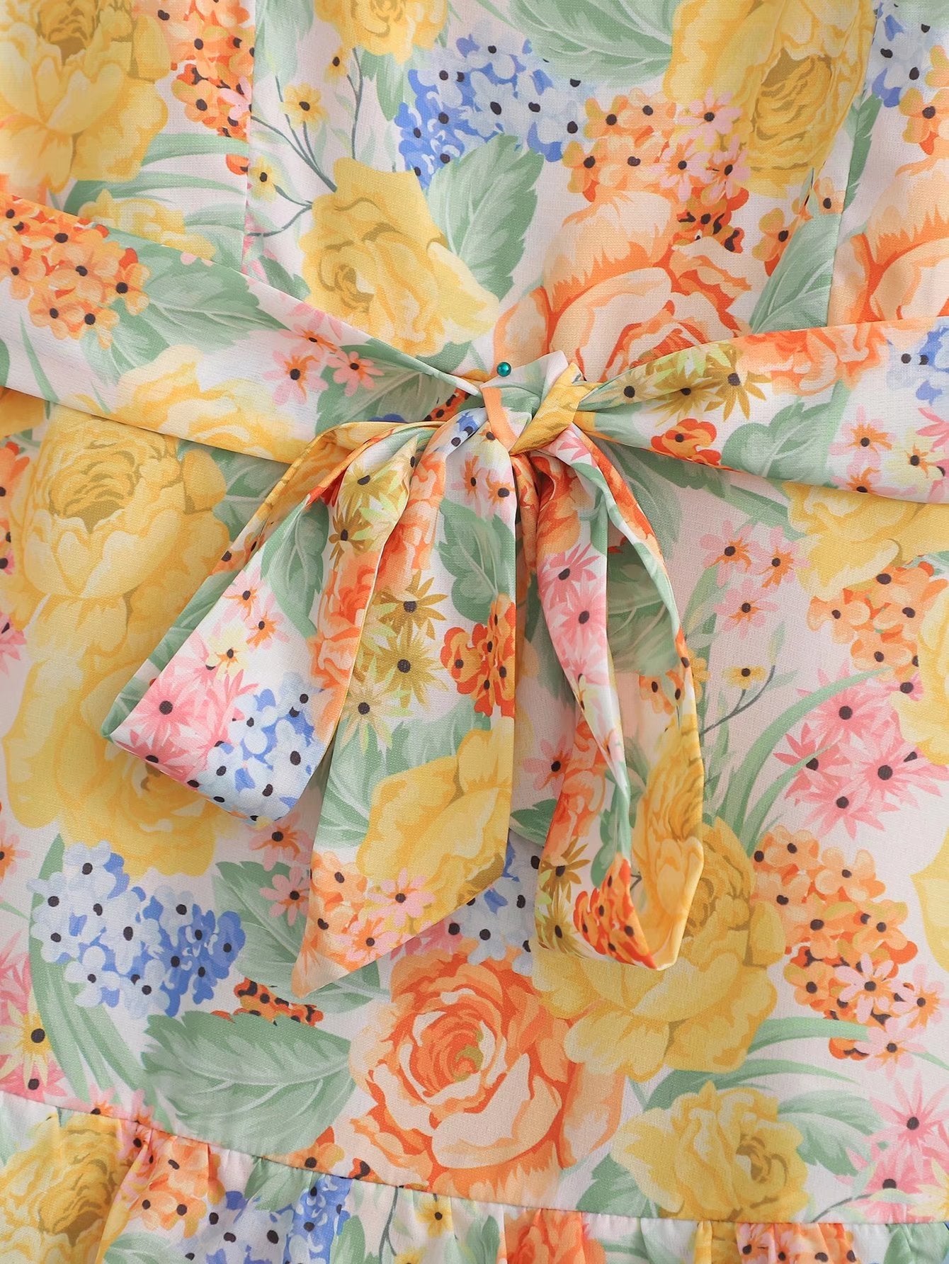 Square Collar Printed Dress with Belt Laminated Detail | noémi