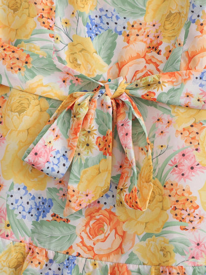 Square Collar Printed Dress with Belt Laminated Detail | noémi