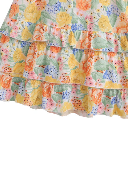 Square Collar Printed Dress with Belt Laminated Detail | noémi