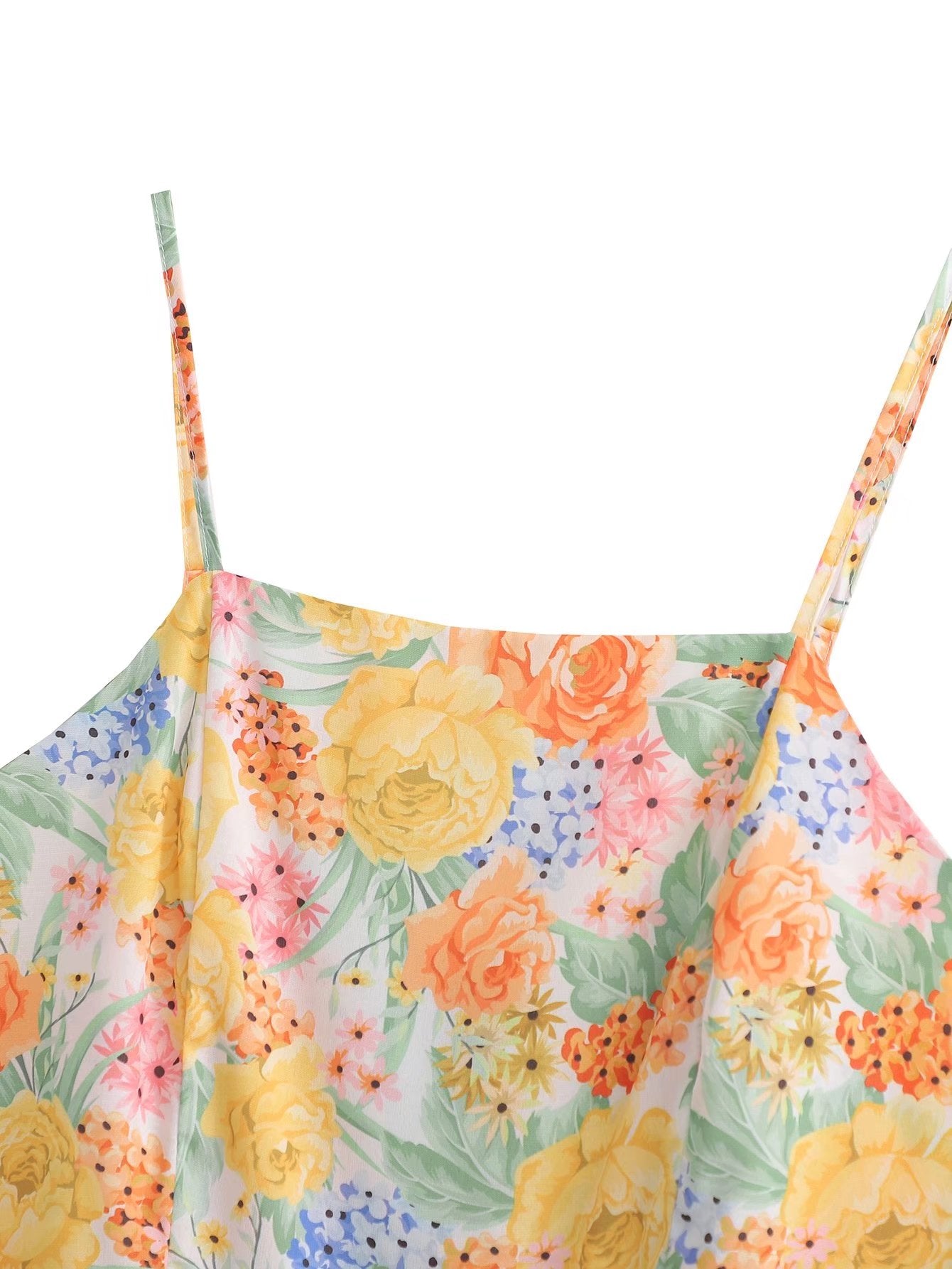 Square Collar Printed Dress with Belt Laminated Detail | noémi