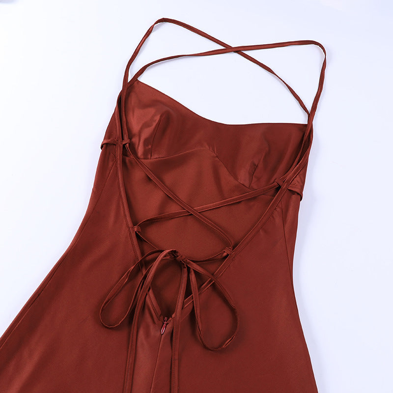 Satin Strap Maxi Dress | Backless Lace Up Waist | noémi