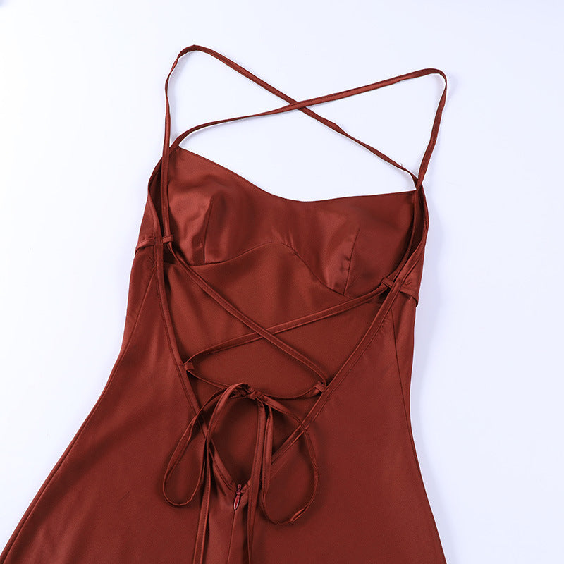 Satin Strap Maxi Dress | Backless Lace Up Waist | noémi