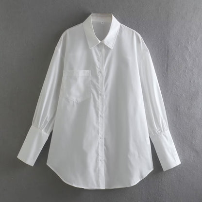 White Polo Collar Shirt | Long Sleeve Single Pocket | noémi