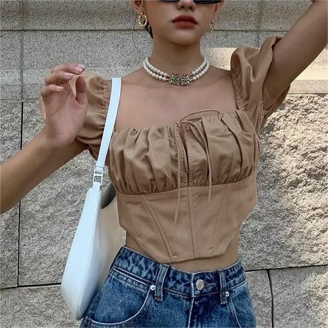 Solid Color Patchwork Backless Pleated Zipper Short Sleeve Top | noémi