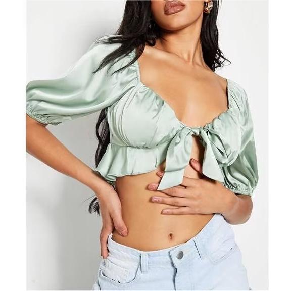 Lace Up Puff Sleeve Crop Top | Slim Fit Blouse for Women | noémi
