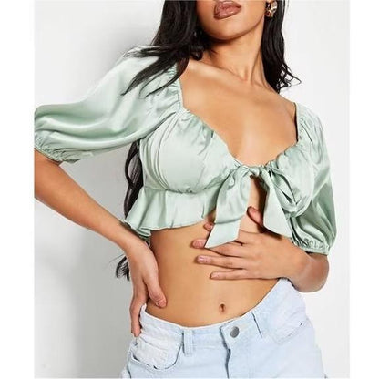 Lace Up Puff Sleeve Crop Top | Slim Fit Blouse for Women | noémi