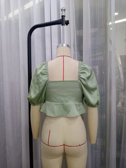 Lace Up Puff Sleeve Crop Top | Slim Fit Blouse for Women | noémi