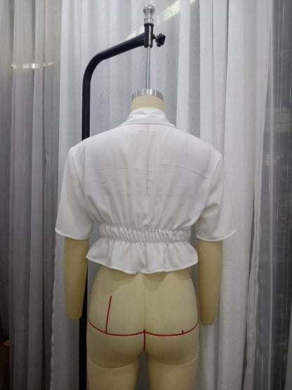 Womens White Cropped Blouse | Ruffle Hem Lace Up Waist Short Sleeve | noémi