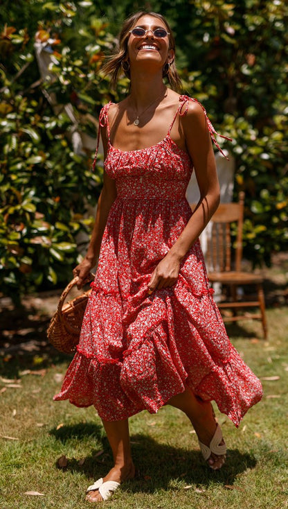 Floral Smocked Midi Dress | Tie Strap, Flowy Fit, Lightweight | noémi