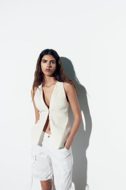 Halter Shirt | Sleeveless Cardigan with Collared, Backless Lace Up Detail | noémi