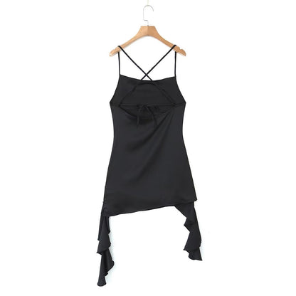 Backless V Neck Slim Fit Dress with 3D Floral Detail and Ribbon Tie | noémi