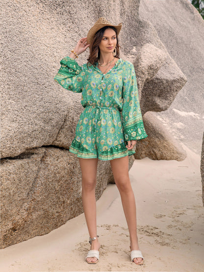 Boho Green Floral Long Sleeve Beach Romper | Lightweight | noémi
