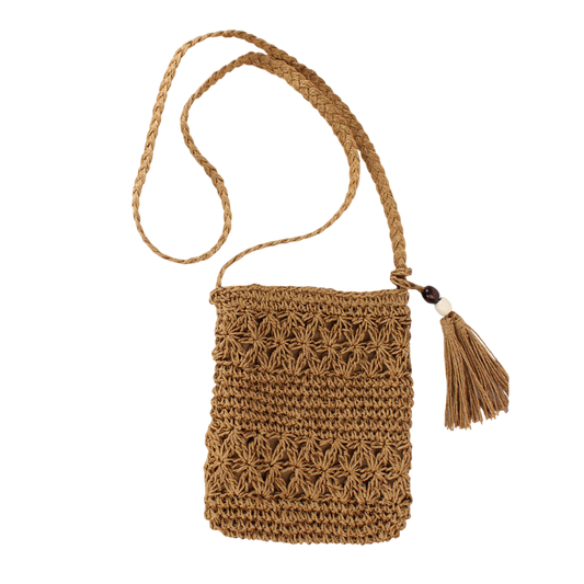 Natural Straw Hollow‑Cut Cross‑Body Bag – Tassel Accent, Hand‑Woven | noémi