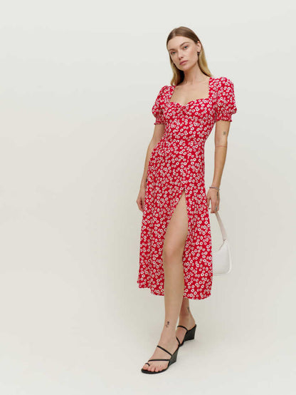 Red Floral Puff Sleeve Midi Dress with Square Neck & Front Slit | noémi