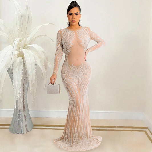 Sheer Mesh Rhinestone Bodycon Long Sleeve Dress For Women | noémi