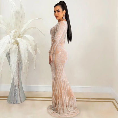 Sheer Mesh Rhinestone Bodycon Long Sleeve Dress For Women | noémi