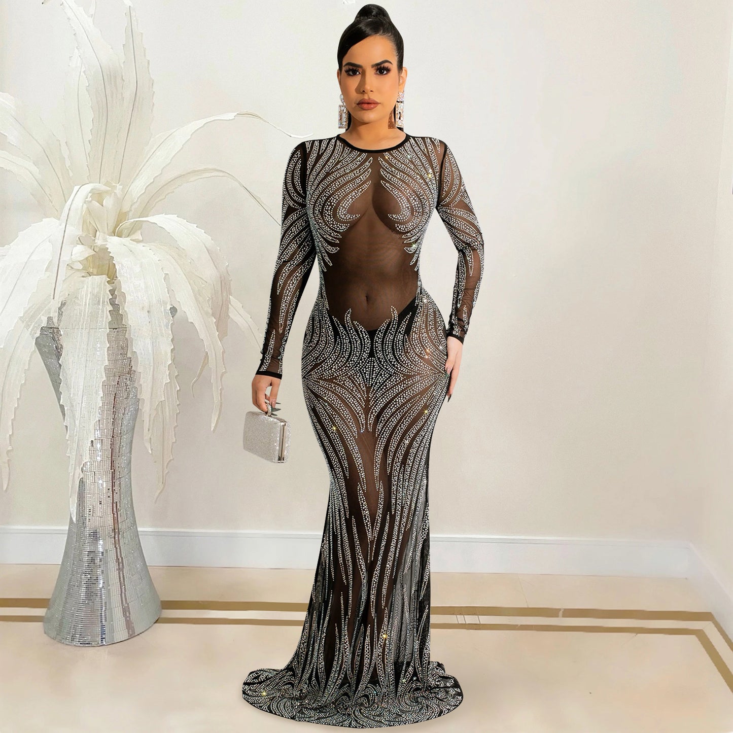 Sheer Mesh Rhinestone Bodycon Long Sleeve Dress For Women | noémi