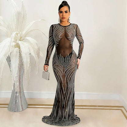 Sheer Mesh Rhinestone Bodycon Long Sleeve Dress For Women | noémi