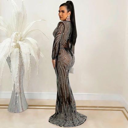 Sheer Mesh Rhinestone Bodycon Long Sleeve Dress For Women | noémi