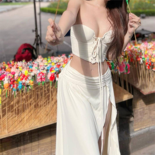 Two Piece Set | Lace Up Crop Top Pleated Slit Skirt | Low Waist | noémi