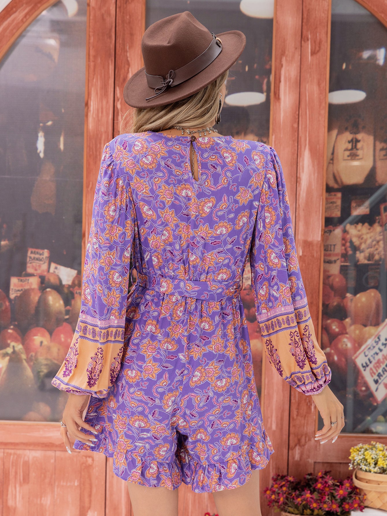 Boho Floral Print Romper | VNeck Bell Sleeve Tie Waist Playsuit | noémi