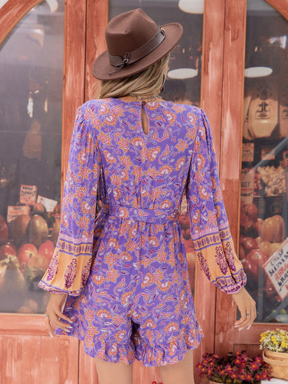 Boho Floral Print Romper | VNeck Bell Sleeve Tie Waist Playsuit | noémi