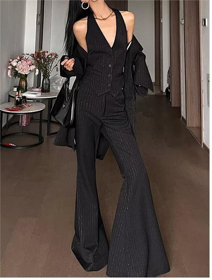 Vertical Striped Blazer Vest Suit with Bell Bottom Pants | noémi