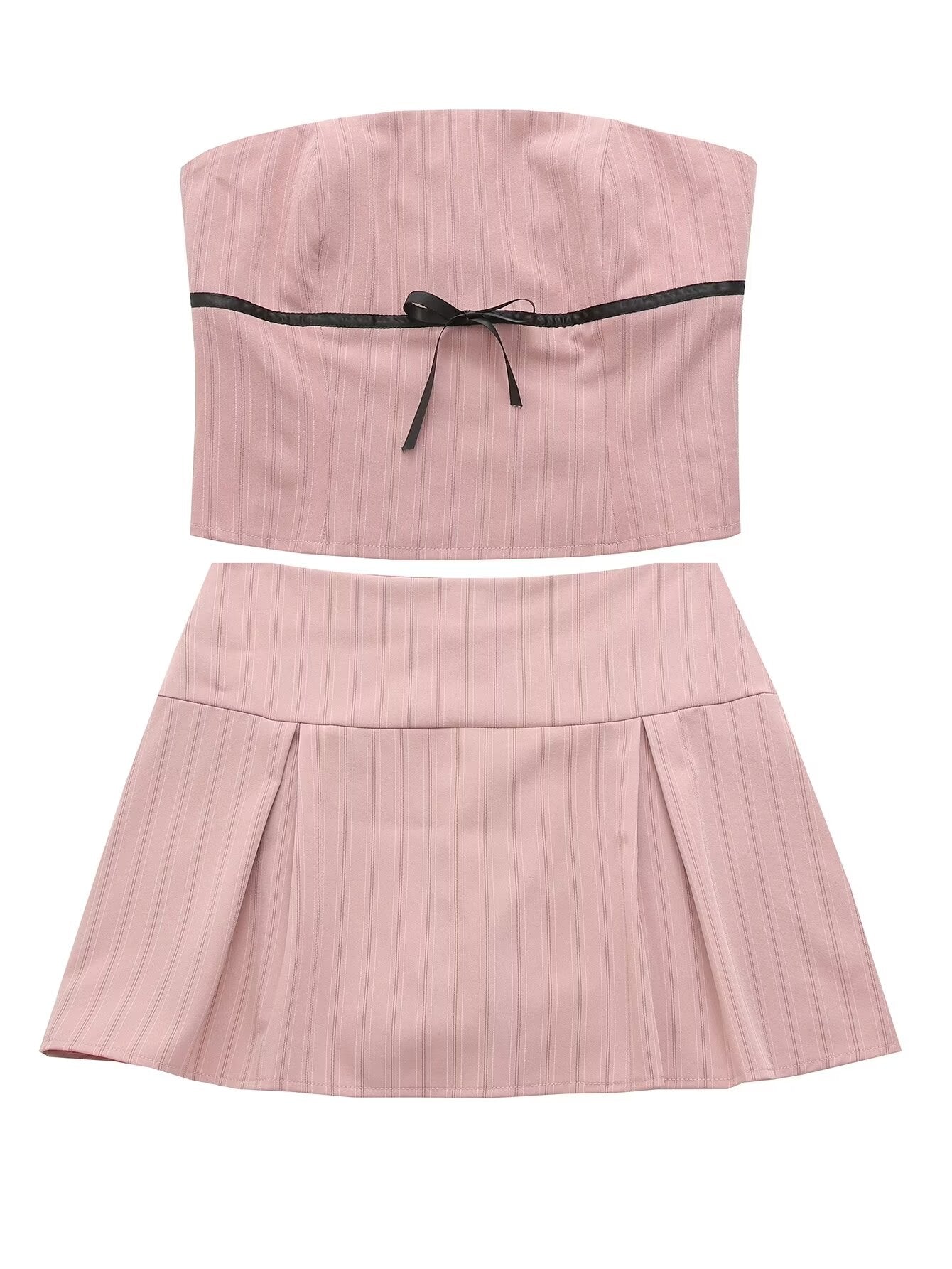 Womens Pink Striped Tube Top Low Waist Pleated Skirt Set | noémi