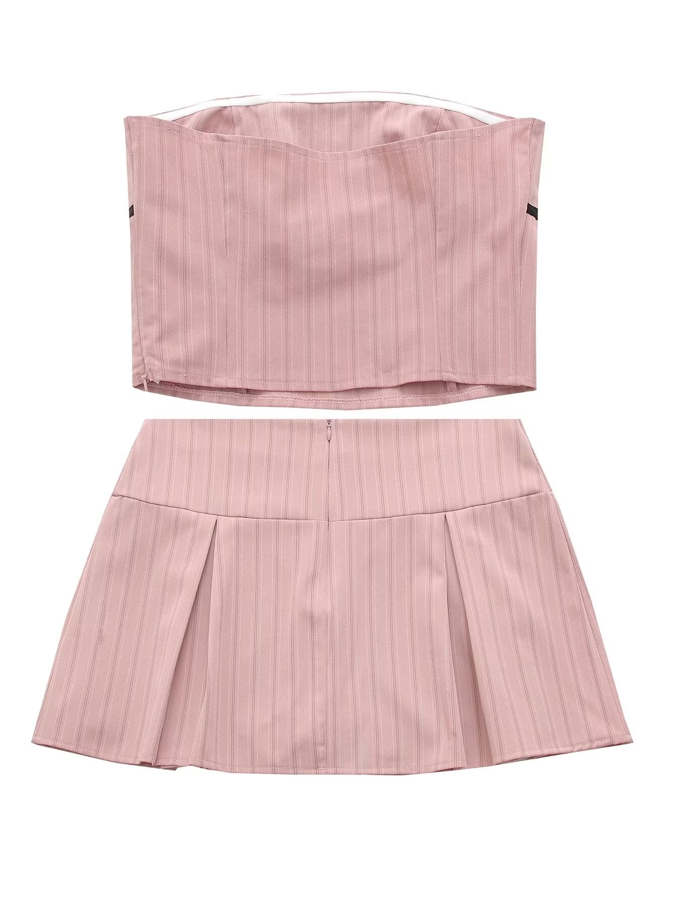 Womens Pink Striped Tube Top Low Waist Pleated Skirt Set | noémi