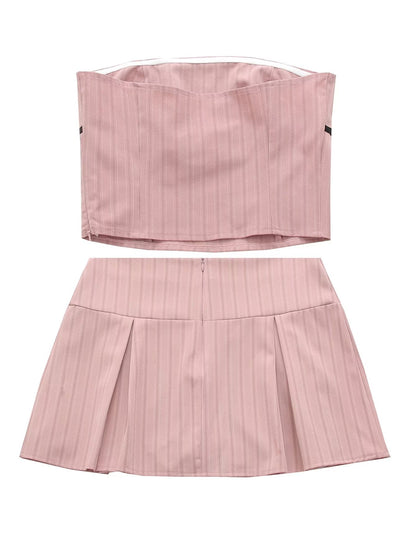 Womens Pink Striped Tube Top Low Waist Pleated Skirt Set | noémi
