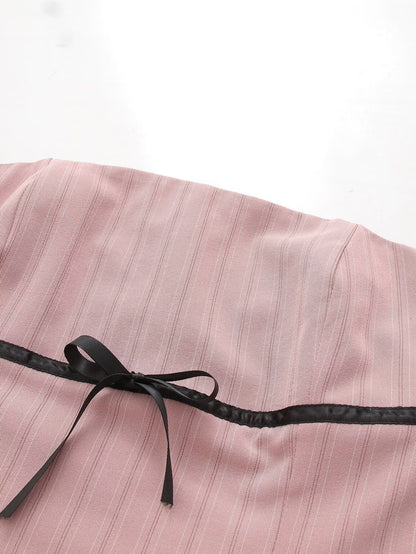 Womens Pink Striped Tube Top Low Waist Pleated Skirt Set | noémi