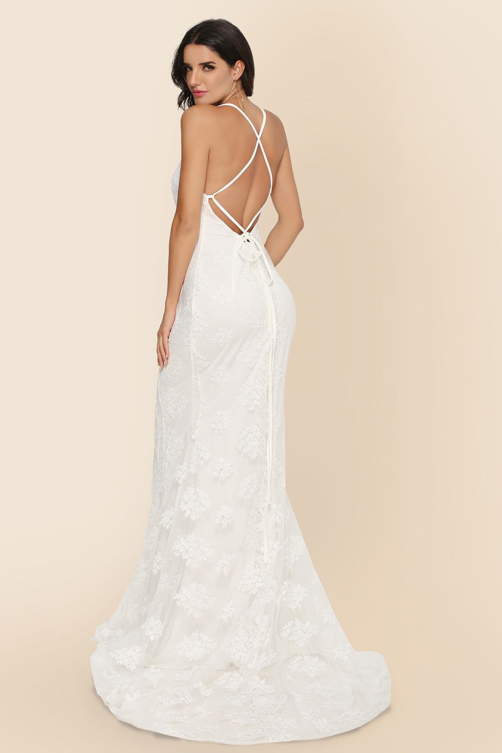 Lace Gown | V Neck Backless Dress with Train | noémi