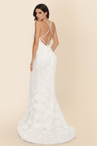 Lace Gown | V Neck Backless Dress with Train | noémi