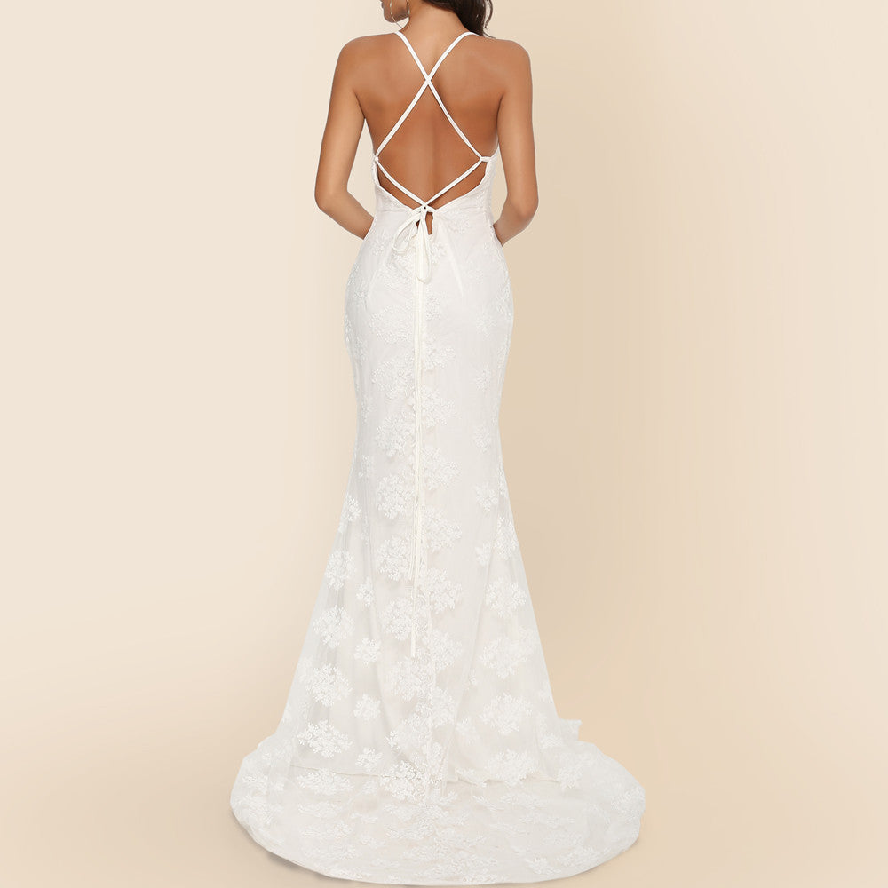 Lace Gown | V Neck Backless Dress with Train | noémi
