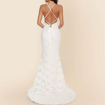 Lace Gown | V Neck Backless Dress with Train | noémi
